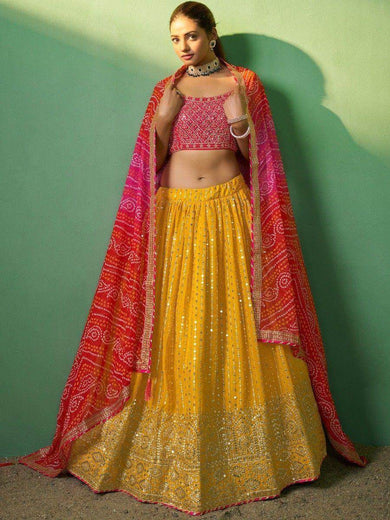 Alluring Yellow Sequins Georgette Haldi Wear Lehenga Choli With Dupatta